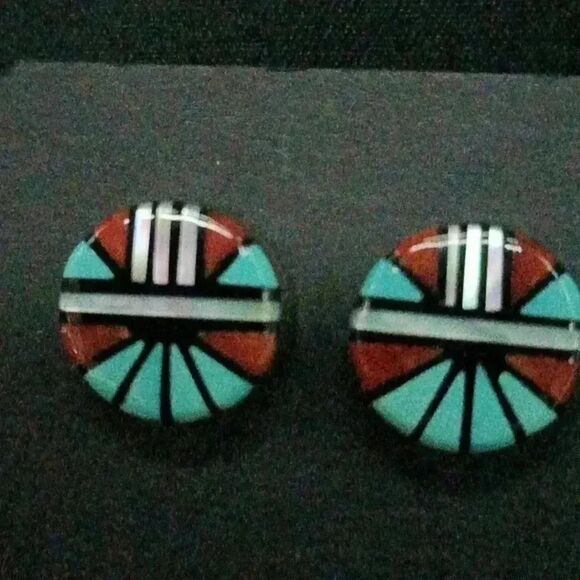 Sterling Native American Zuni Inlay Stud Earrings - Picture 4 of 4